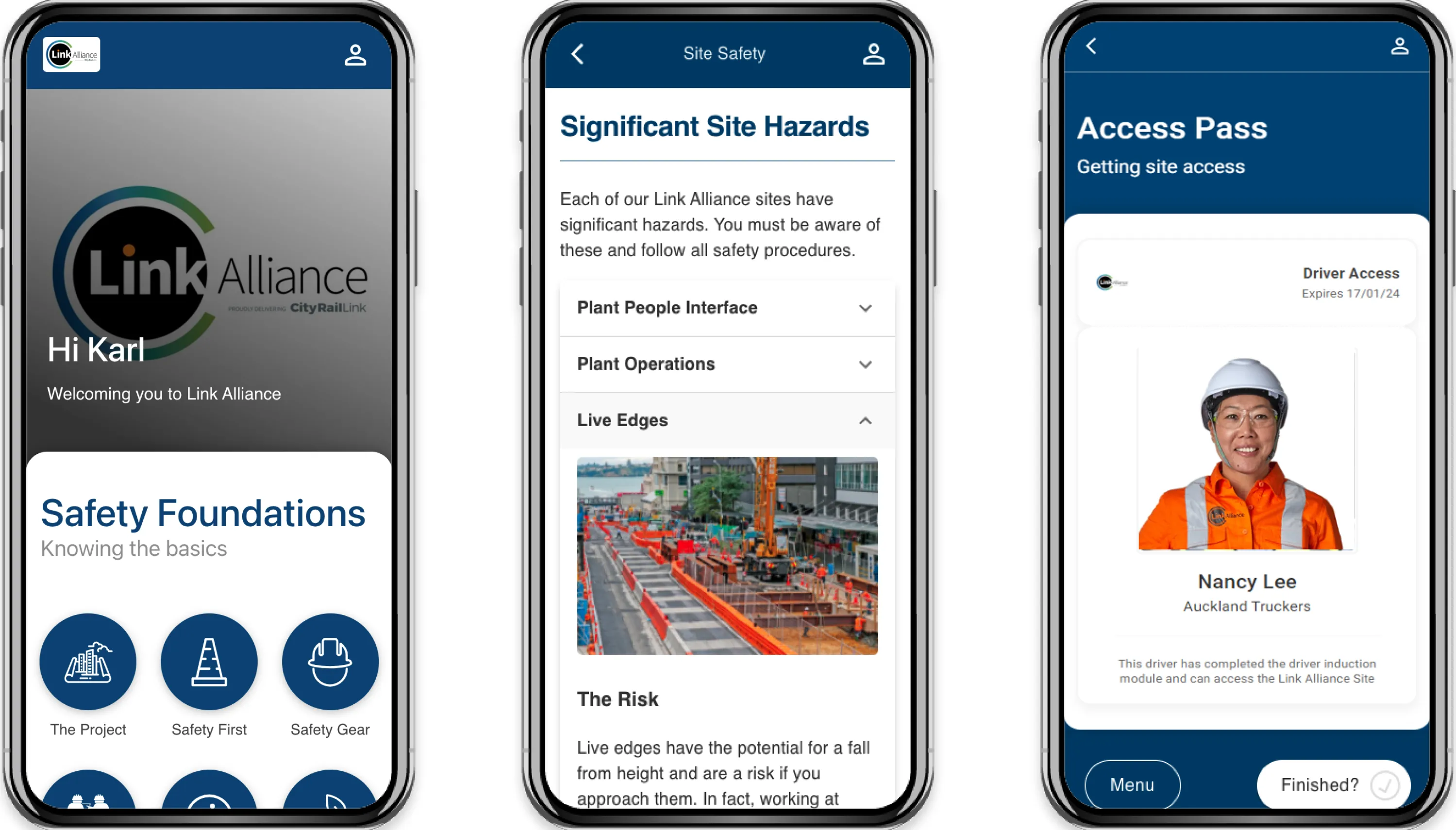 Link Alliance mobile induction screens showing safety topic tiles, site hazard information and a driver access pass