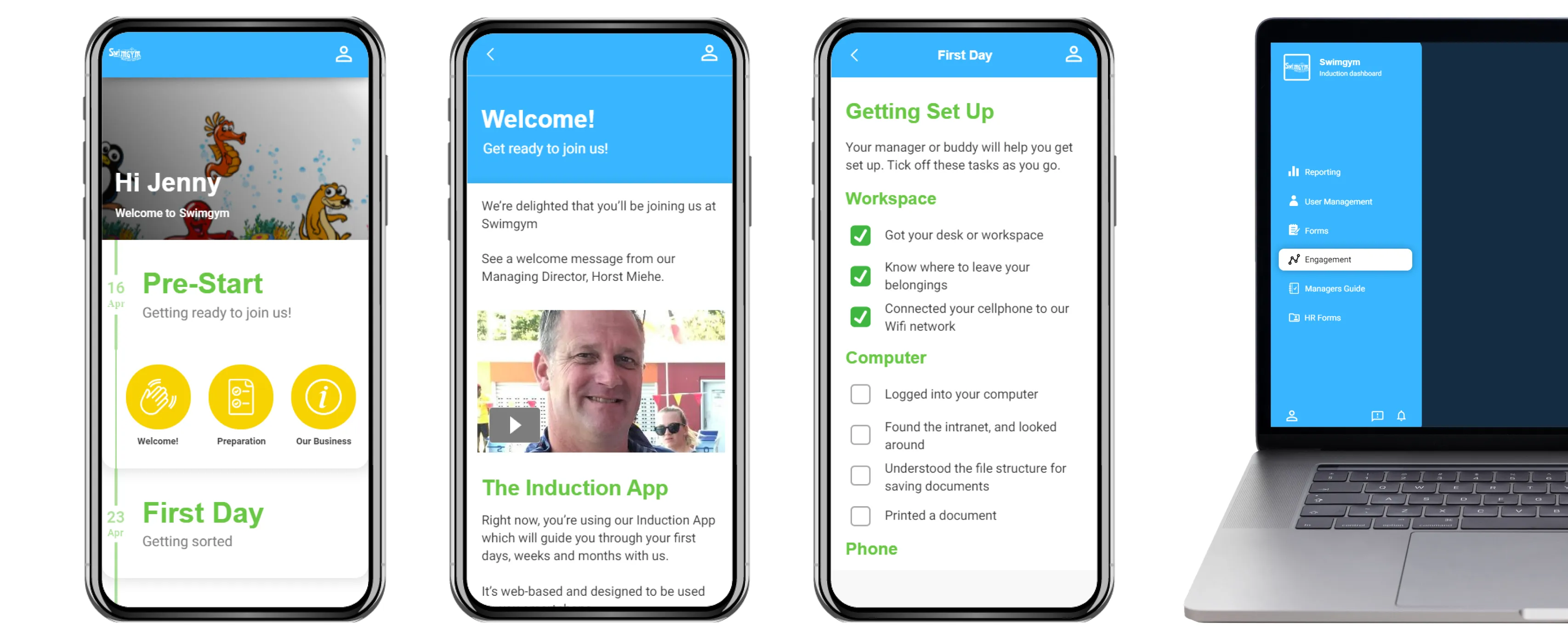SwimGym onboarding screens showing pre-start topics, a welcome video and first-day checklist beside the desktop dashboard