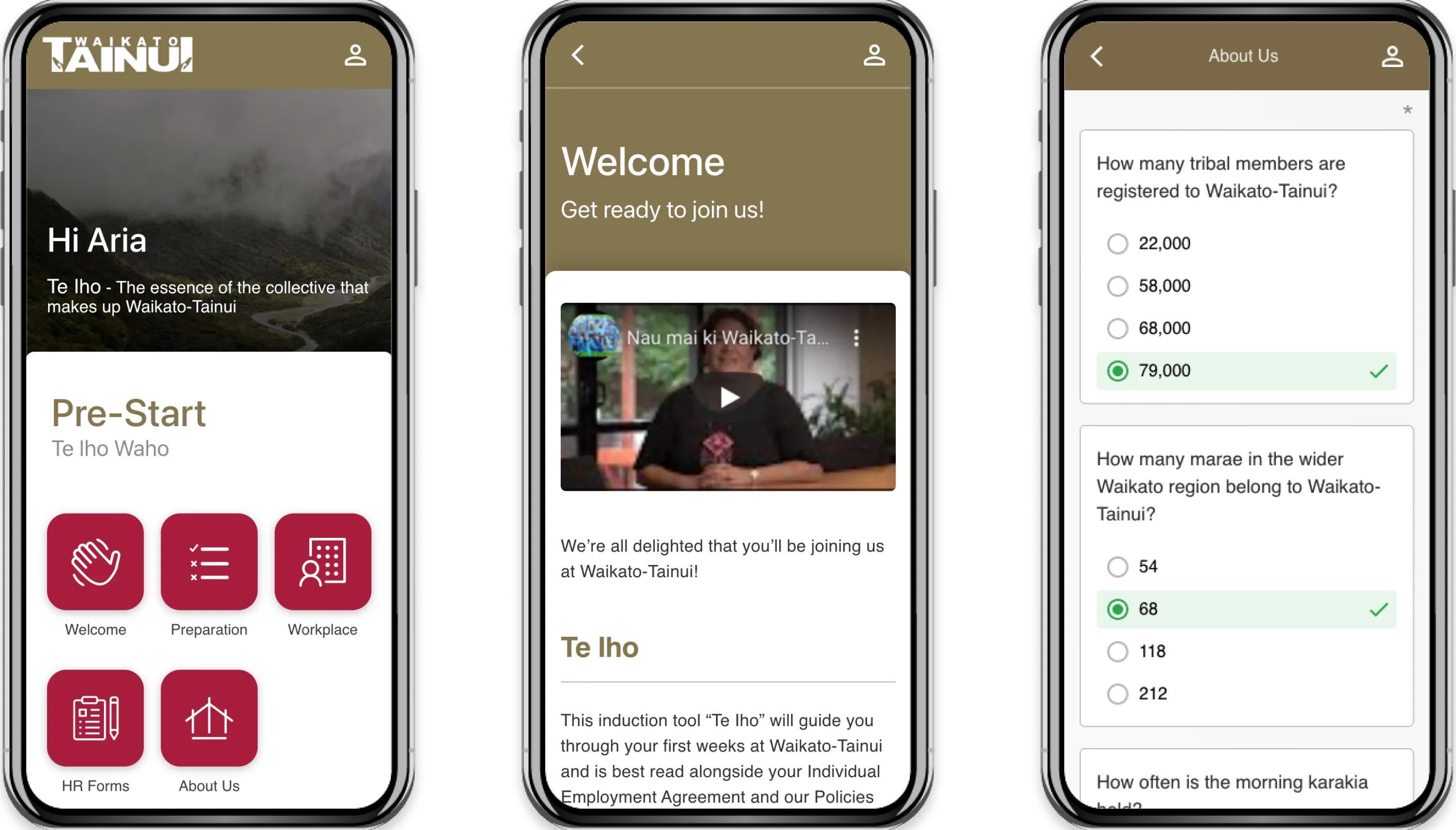 Waikato Tainui mobile onboarding screens showing pre-start topic tiles, a welcome video and an organisation knowledge quiz