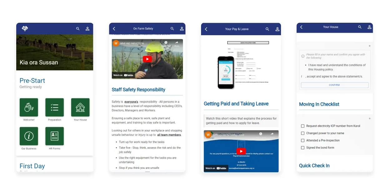 Wairarapa Moana onboarding screens showing pre-start tiles, farm safety training, pay and leave information and a housing checklist