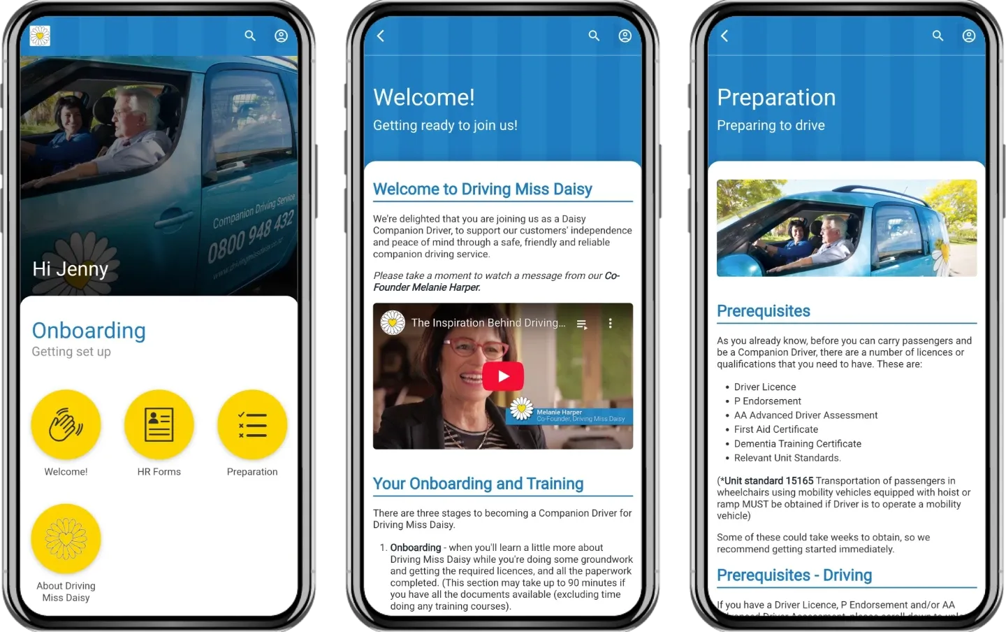 Driving Miss Daisy mobile onboarding screens showing topic tiles, a welcome video and driver qualification prerequisites