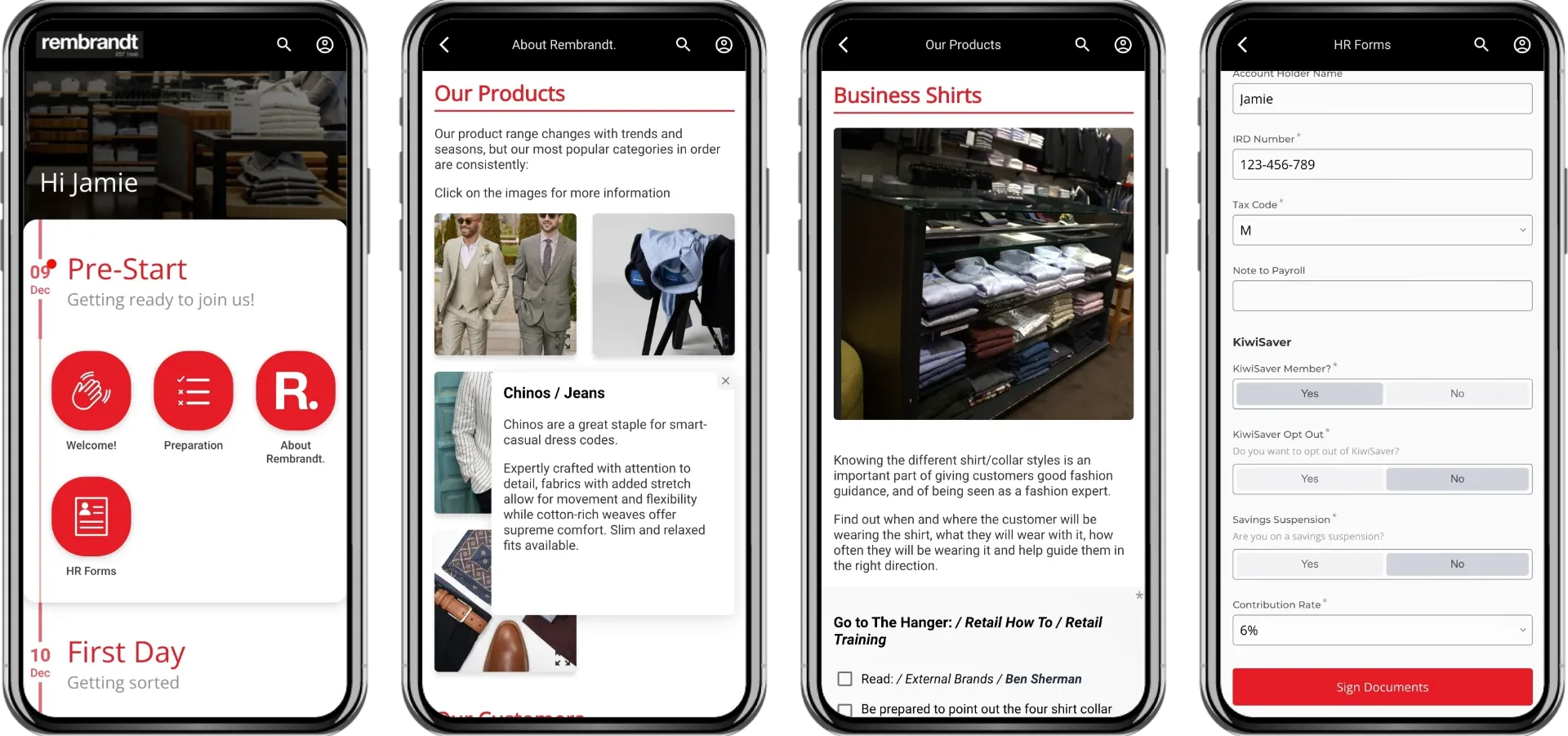 Rembrandt mobile onboarding screens showing pre-start tiles, product information, business shirt training and an HR form with KiwiSaver fields