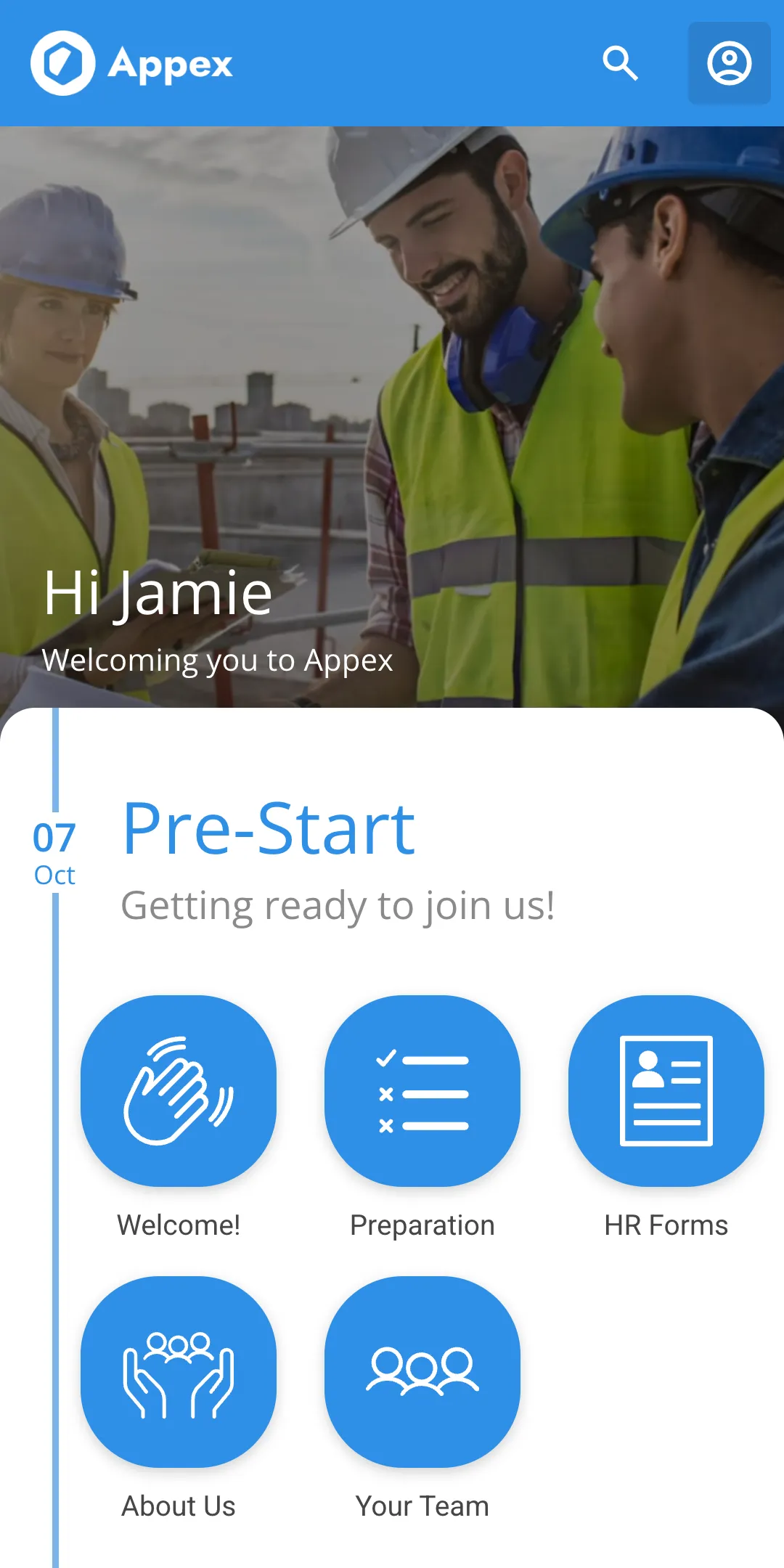 Appex mobile pre-start portal with Welcome, Preparation, HR Forms, About Us and Your Team tiles