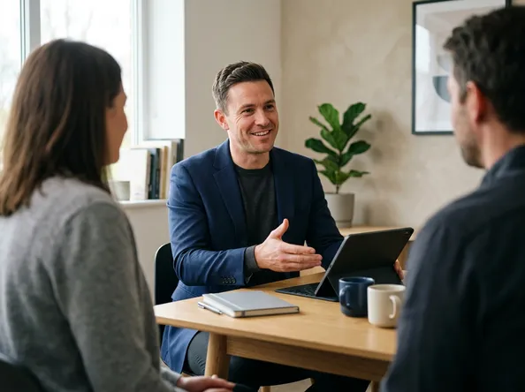 Advisor meeting with two people at a table with a tablet and notebook