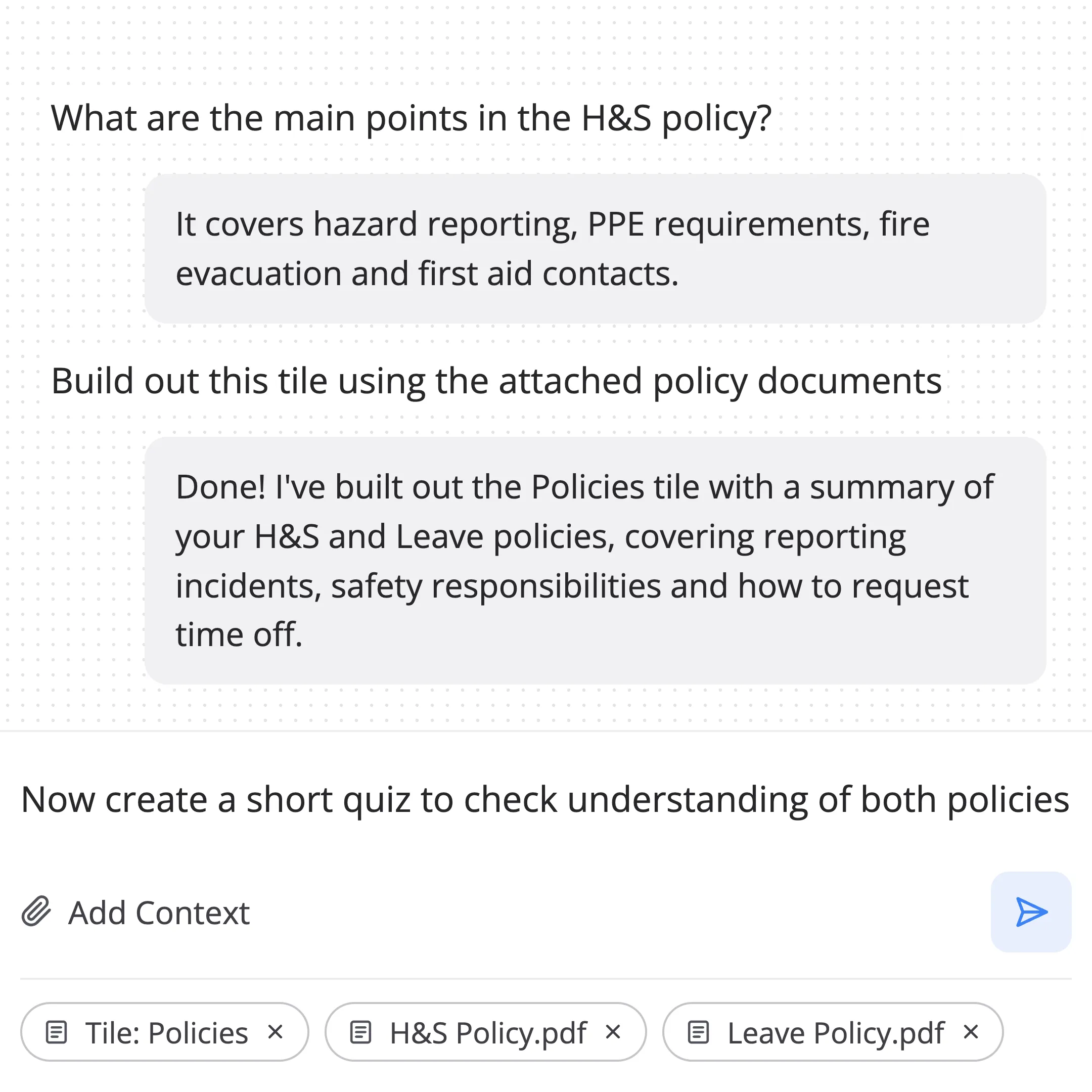 AI Assist conversation summarising attached health and safety and leave policies, with a request to create a quiz