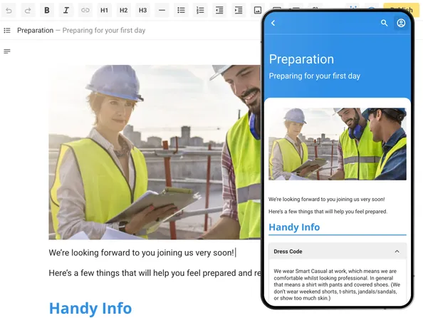 Content Manager editing a first-day preparation topic beside its mobile view with a dress-code accordion