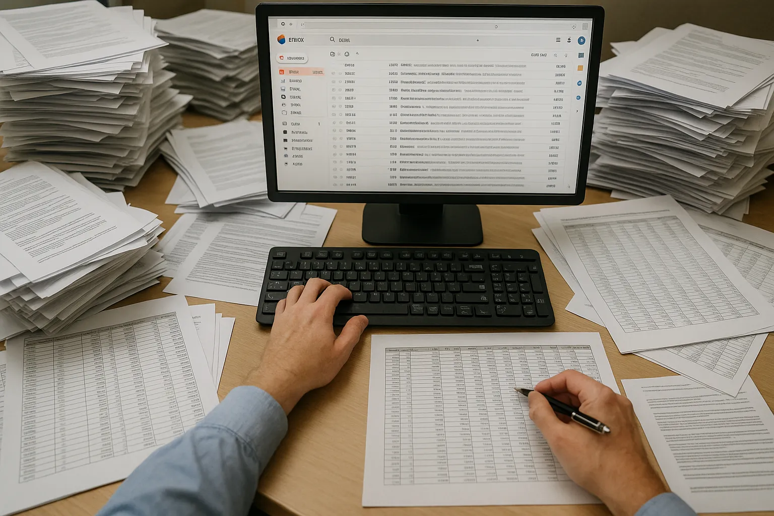 A computer monitor, keyboard, and paperwork cover a crowded office desk.