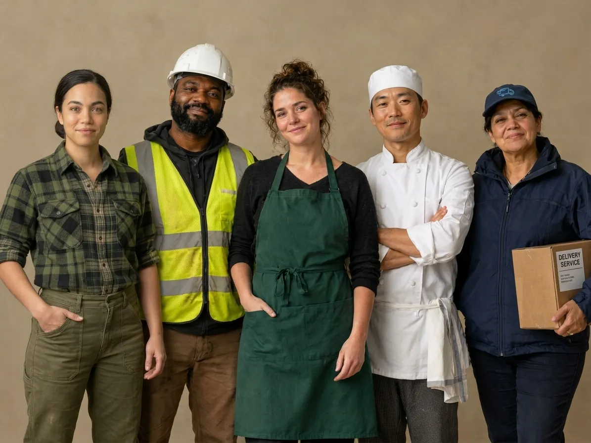 Five workers standing together in workwear, including a high-visibility vest, apron, chef uniform and delivery jacket
