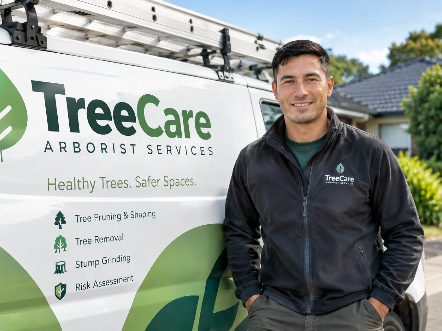 TreeCare arborist standing beside a branded van displaying tree services and safety assessments