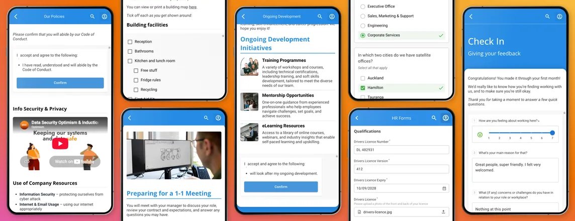 Mobile induction screens showing policy acknowledgements, a video, checklists, quizzes, qualification fields and a feedback survey