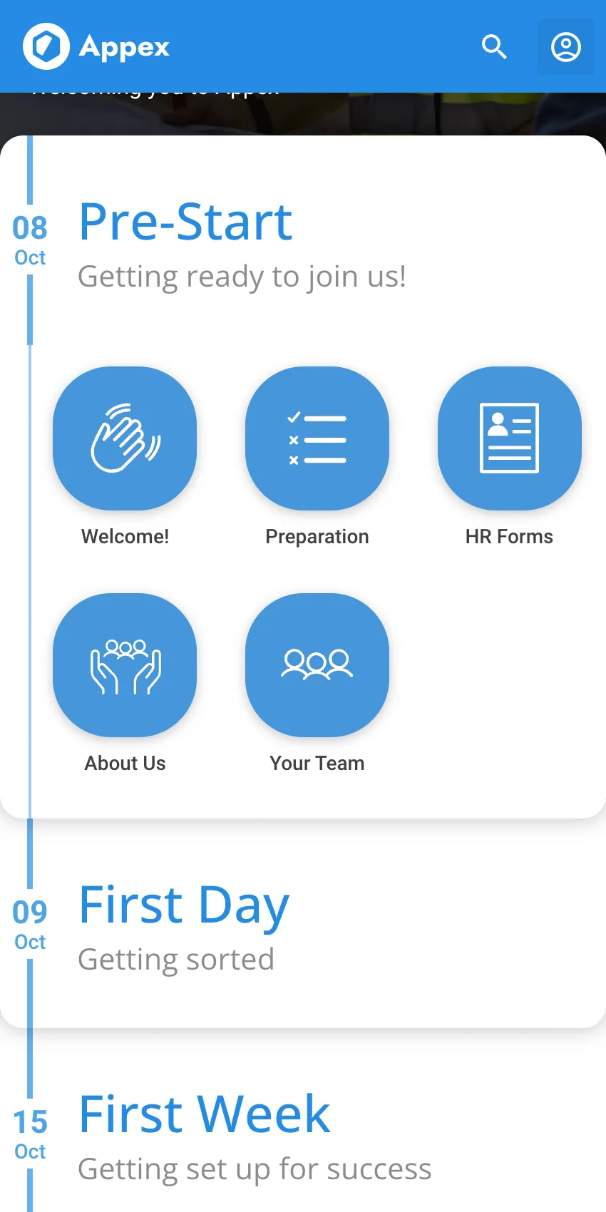 Pre-start onboarding tiles for Welcome, Preparation, HR Forms, About Us and Your Team