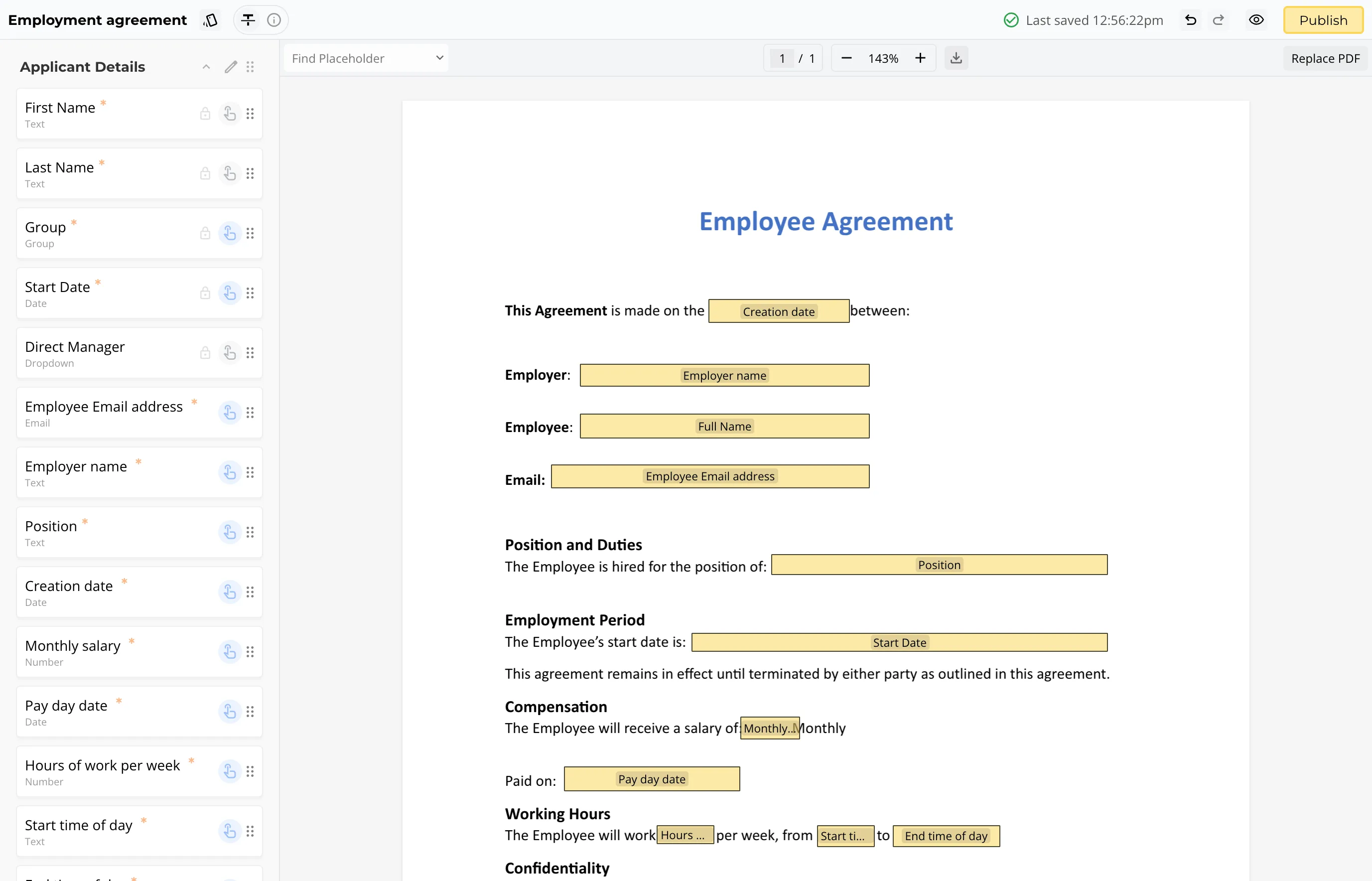 Employment agreement template editor with applicant fields mapped to highlighted placeholders in a PDF